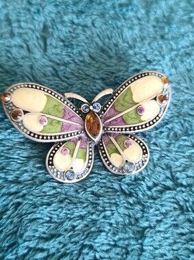 Butterfly Enamel and Crystal Brooch in Green, Purple, Cream